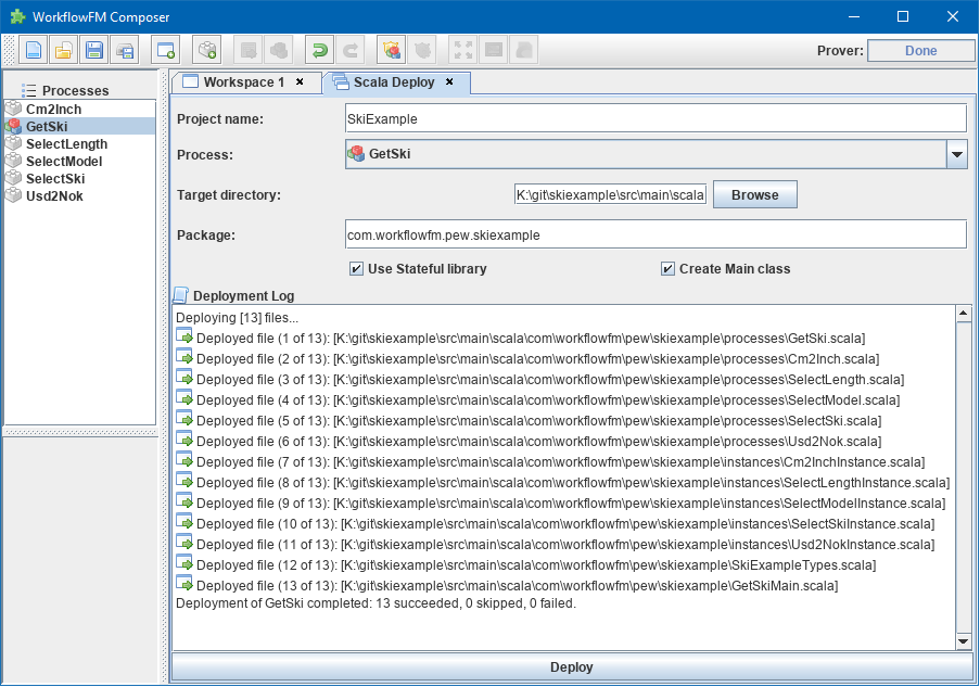 the Scala deployment dialog with details for the Ski example